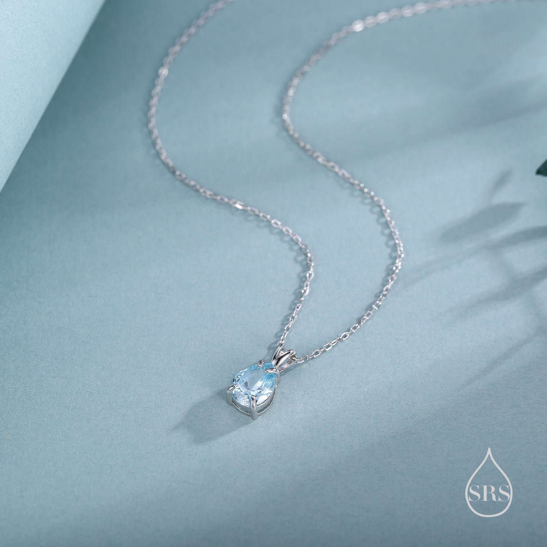 Aquamarine Blue Pear Cut CZ Pendant Necklace in Sterling Silver, 7 x 9mm, Sky Blue Droplet necklace, Diamond CZ