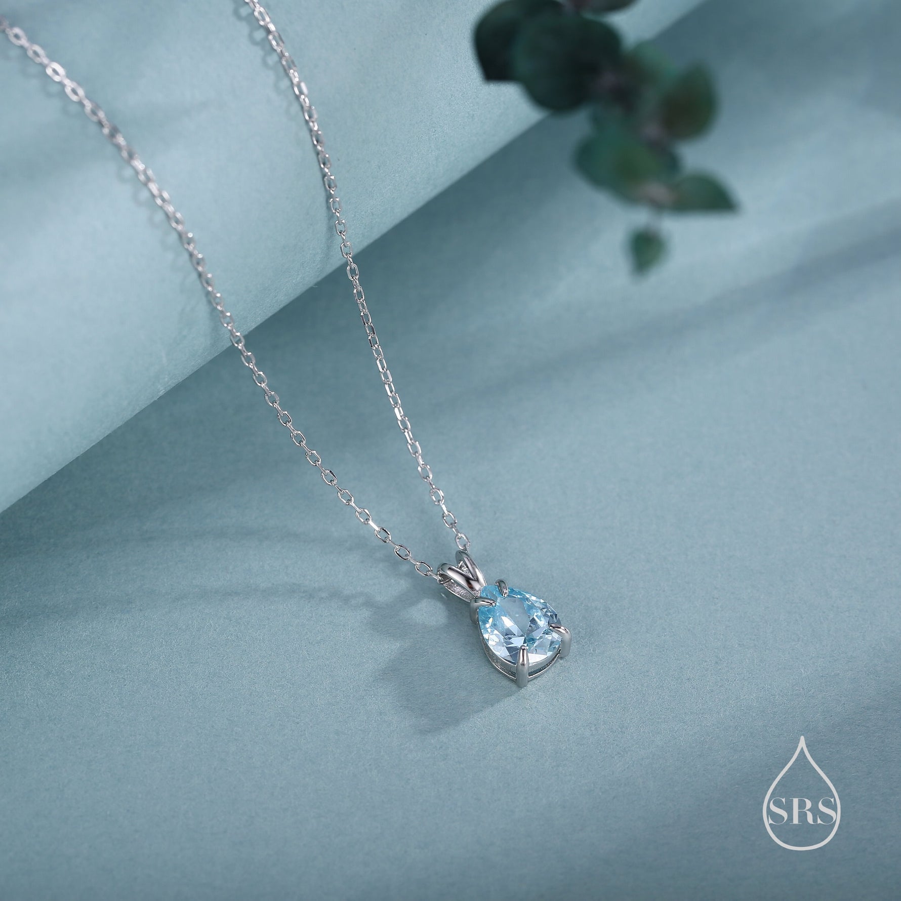 Aquamarine Blue Pear Cut CZ Pendant Necklace in Sterling Silver, 7 x 9mm, Sky Blue Droplet necklace, Diamond CZ