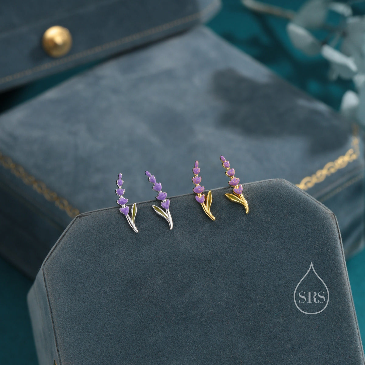 Super Tiny Sterling Silver Lavender Stud Earrings, Handpainted Enamel Lavender Earrings, Silver or Gold, Purple Lavender Earrings