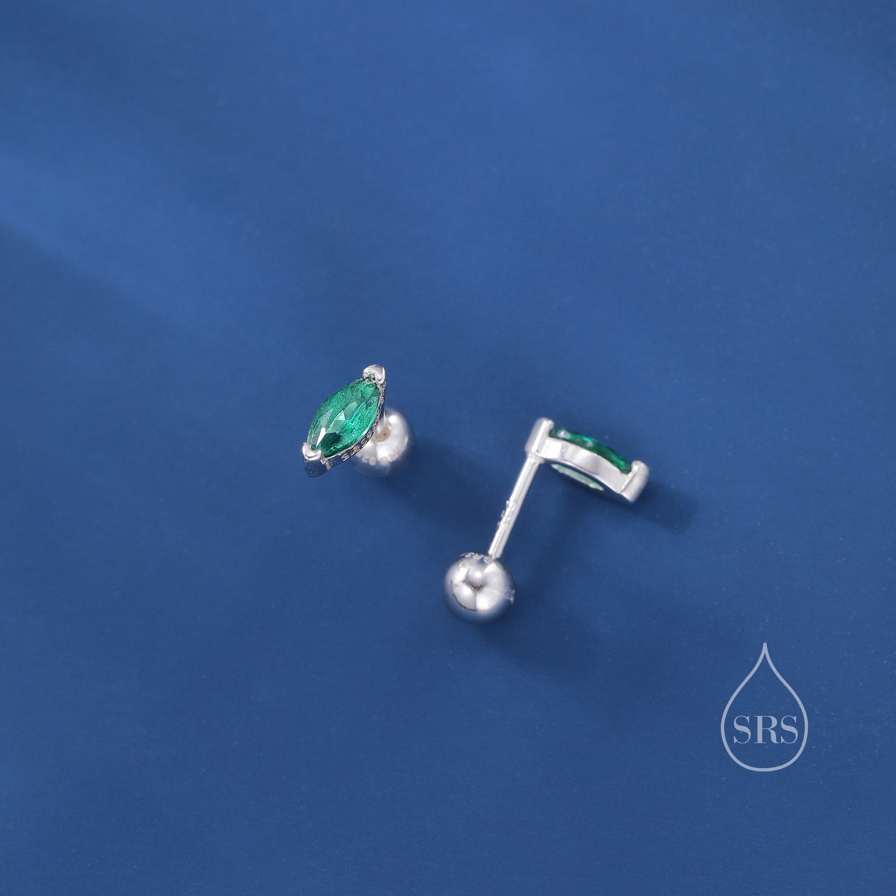 Sterling Silver Emerald Green Marquise 18G Screw Back Earrings