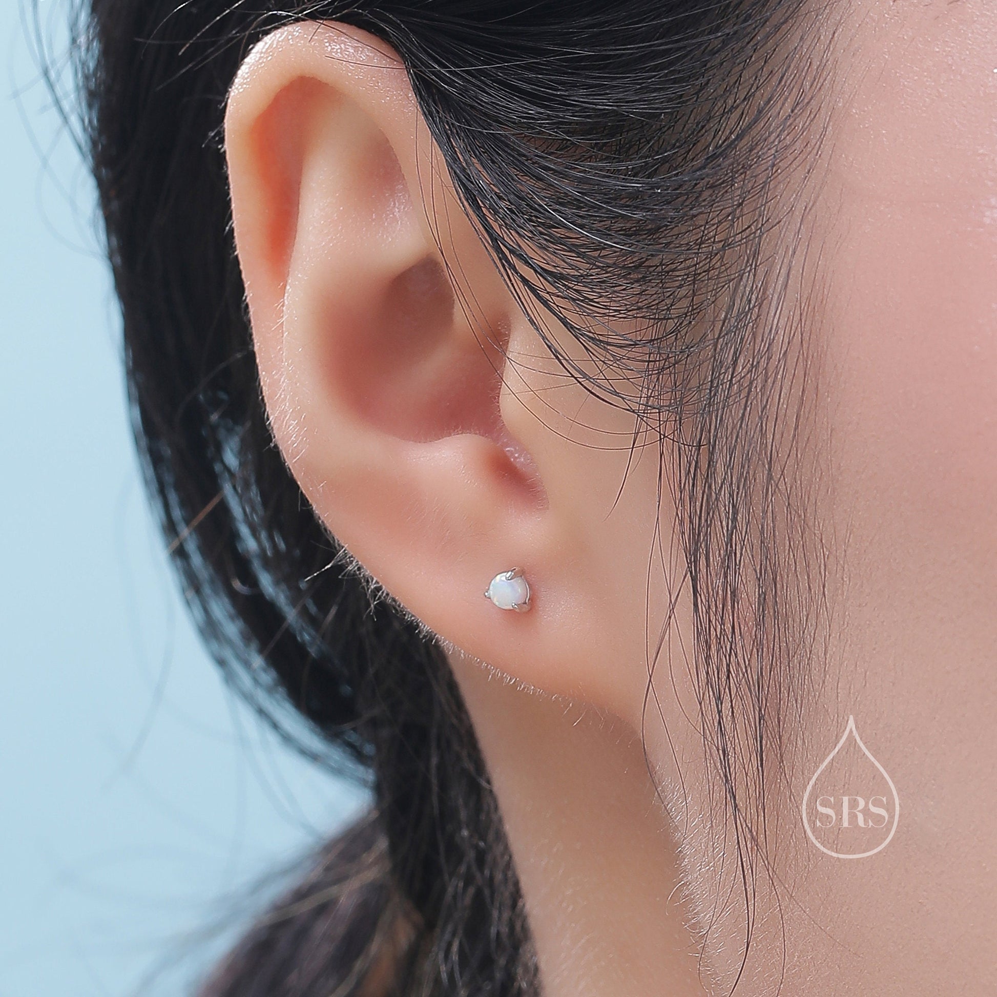 White Opal Internally Threaded Flat Back /Screw back Earrings in Sterling Silver, Silver or Gold, Opal Three Prong Earrings