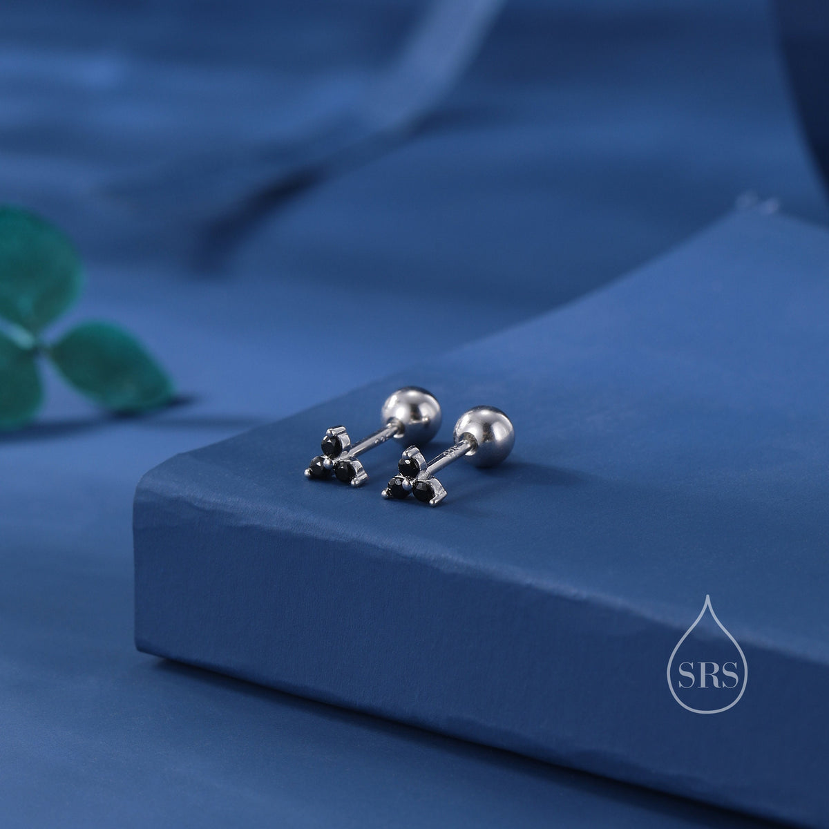 Tiny Black CZ Trio Screw Back Earrings in Sterling Silver, Three CZ Earrings, Simple and Minimalist, Geometric and Discreet, Black Screwback