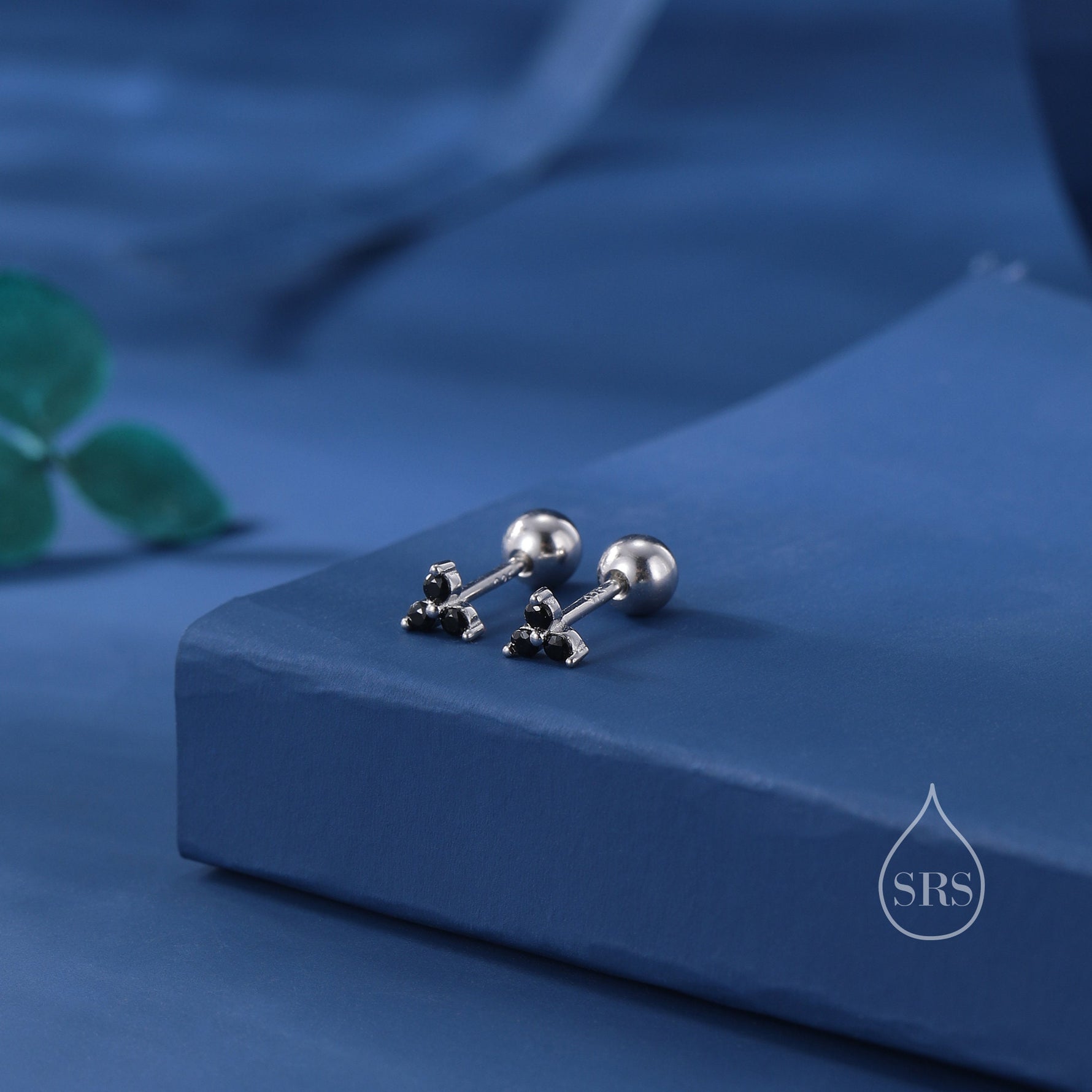 Tiny Black CZ Trio Screw Back Earrings in Sterling Silver, Three CZ Earrings, Simple and Minimalist, Geometric and Discreet, Black Screwback