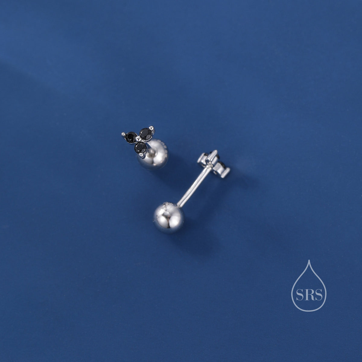 Tiny Black CZ Trio Screw Back Earrings in Sterling Silver, Three CZ Earrings, Simple and Minimalist, Geometric and Discreet, Black Screwback