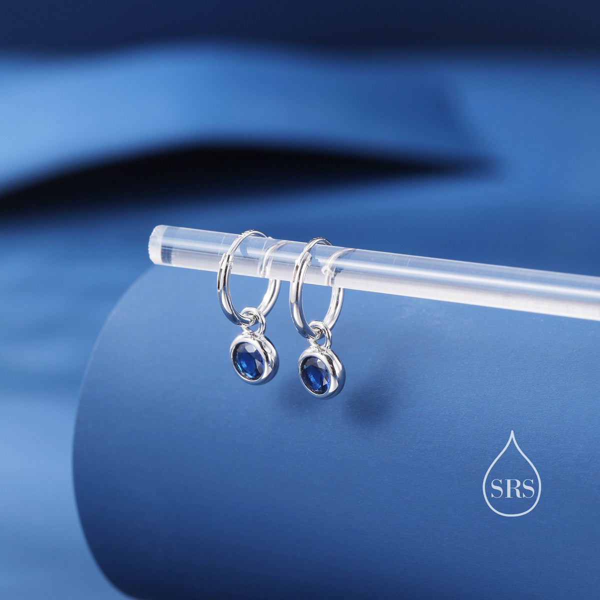 Detachable Sapphire Blue CZ Sleeper Hoop Earrings