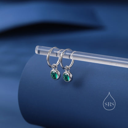 Emerald Green CZ Huggie Hoop Earrings in Sterling Silver with Sleeper Hoops, Detachable, Silver or Gold or Rose Gold,  CZ Skinny Hoops