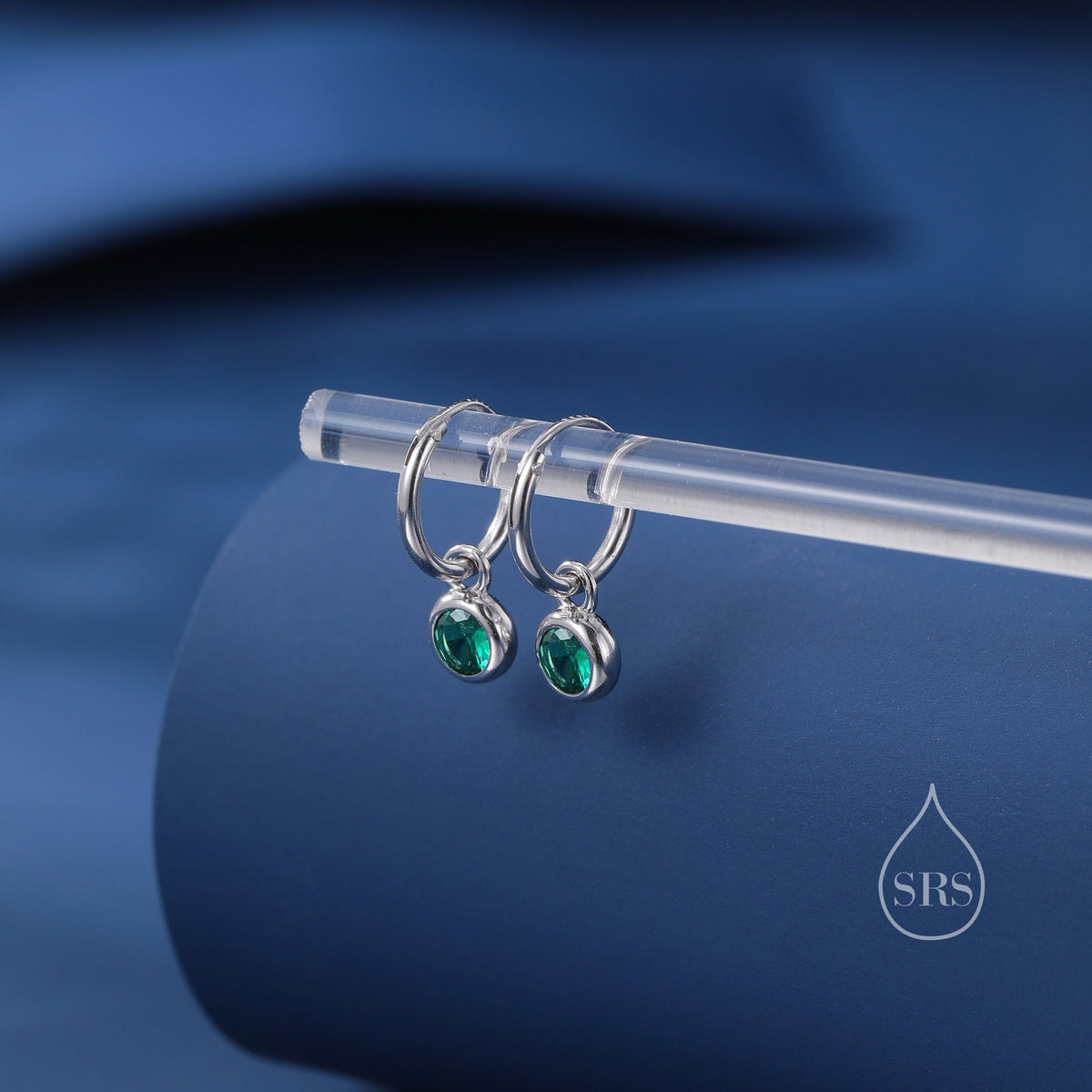 Emerald Green CZ Huggie Hoop Earrings in Sterling Silver with Sleeper Hoops, Detachable, Silver or Gold or Rose Gold, CZ Skinny Hoops