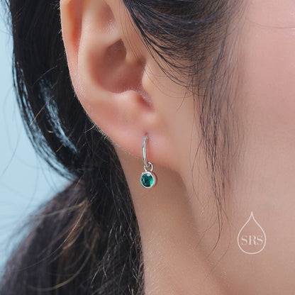 Emerald Green CZ Huggie Hoop Earrings in Sterling Silver with Sleeper Hoops, Detachable, Silver or Gold or Rose Gold,  CZ Skinny Hoops