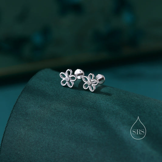 Forget me not Internally Threaded Flat Back/ Screw Back /Stud Earrings in Sterling Silver, Flower Barbell Earrings, Daisy Screw Back Earring