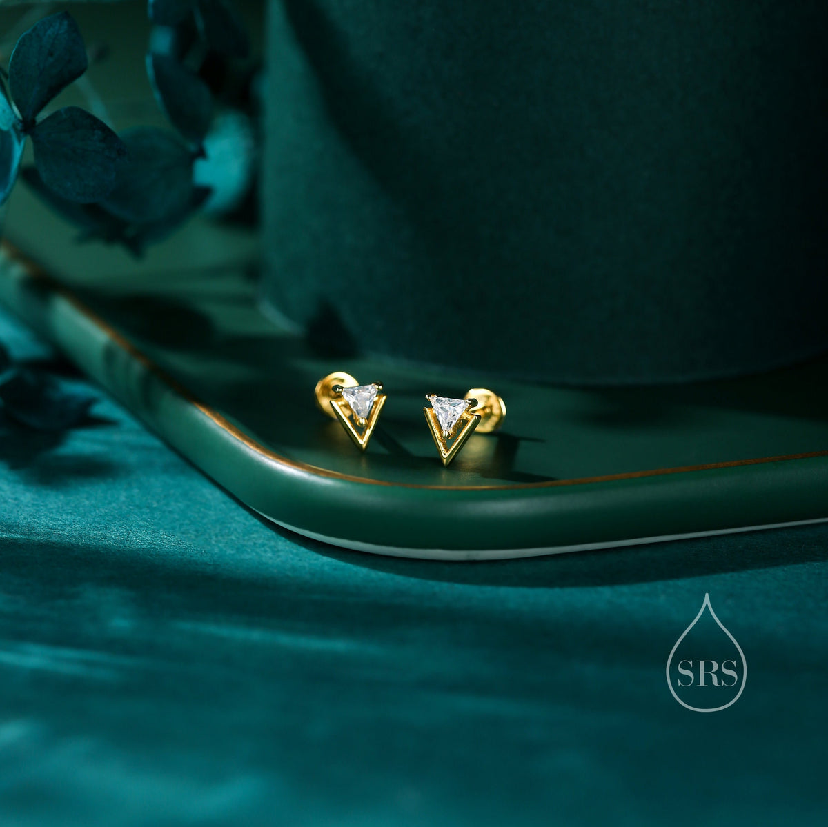 Tiny Double Triangle Arrowhead 16G Internally Threaded Flat Back Earrings in Sterling Silver