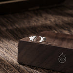 Mismatched Moon and Star Internally Threaded Flat Back/Screw back/Stud Earrings in Sterling Silver, Asymmetric Star and Moon, Piercing