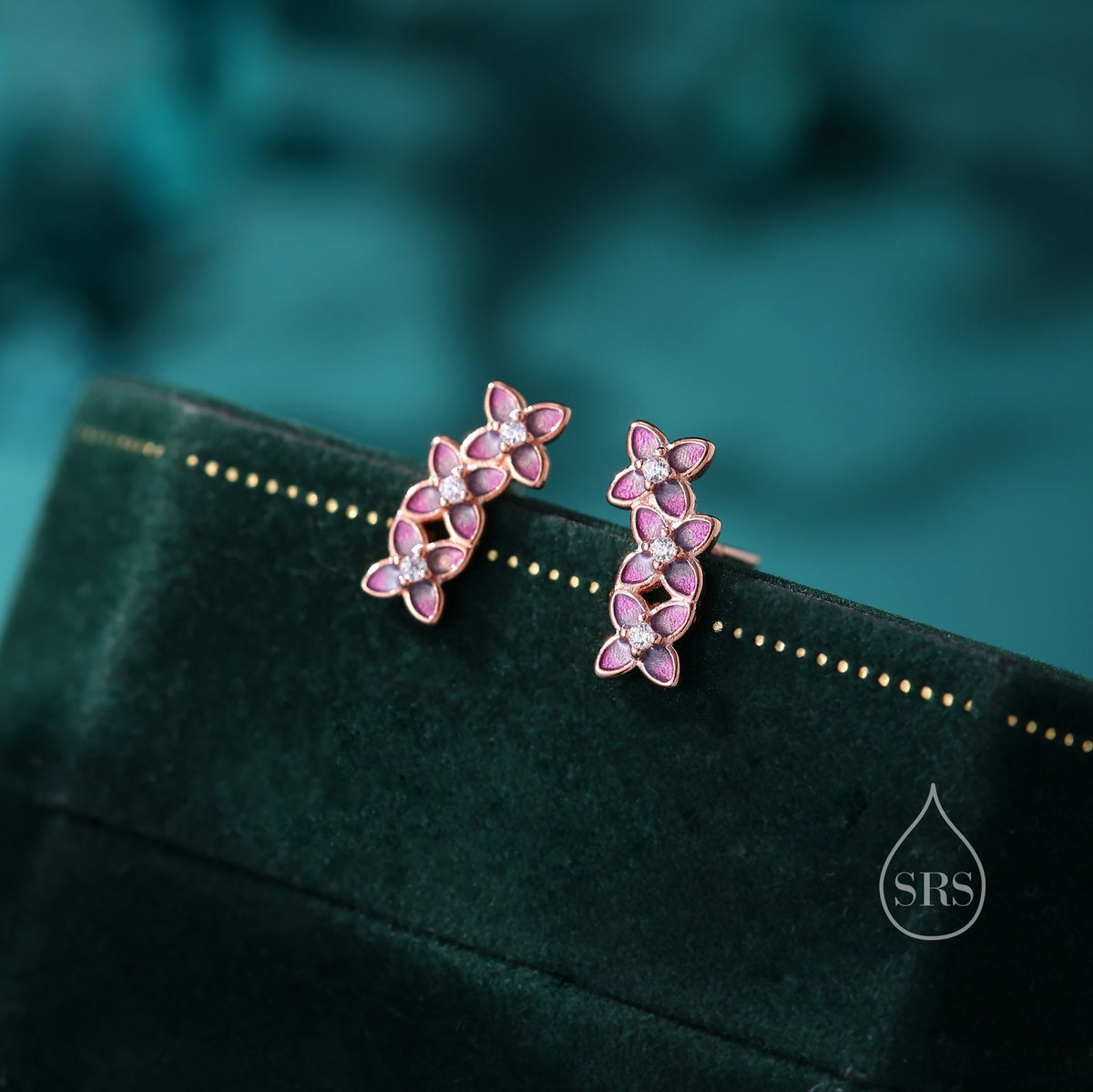 Hand Painted Enamel Hydrangea Flower Bouquet Stud Earrings in Sterling Silver, Available in Three Colours, Enamel Flower Earrings