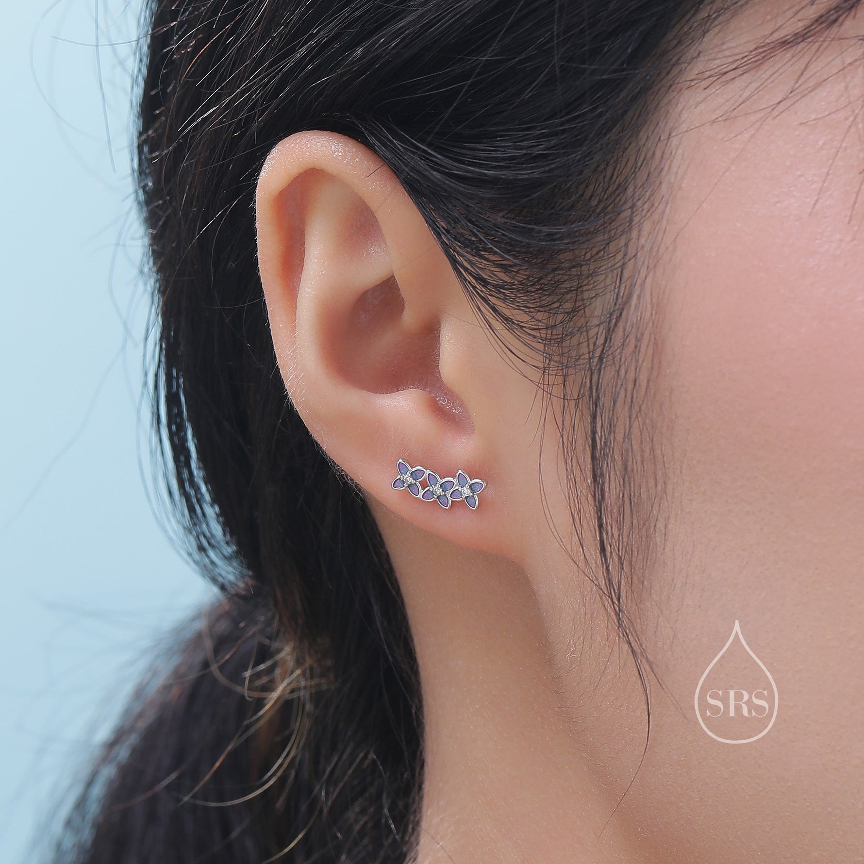 Hand Painted Enamel Hydrangea Flower Bouquet Stud Earrings in Sterling Silver, Available in Three Colours, Enamel Flower Earrings