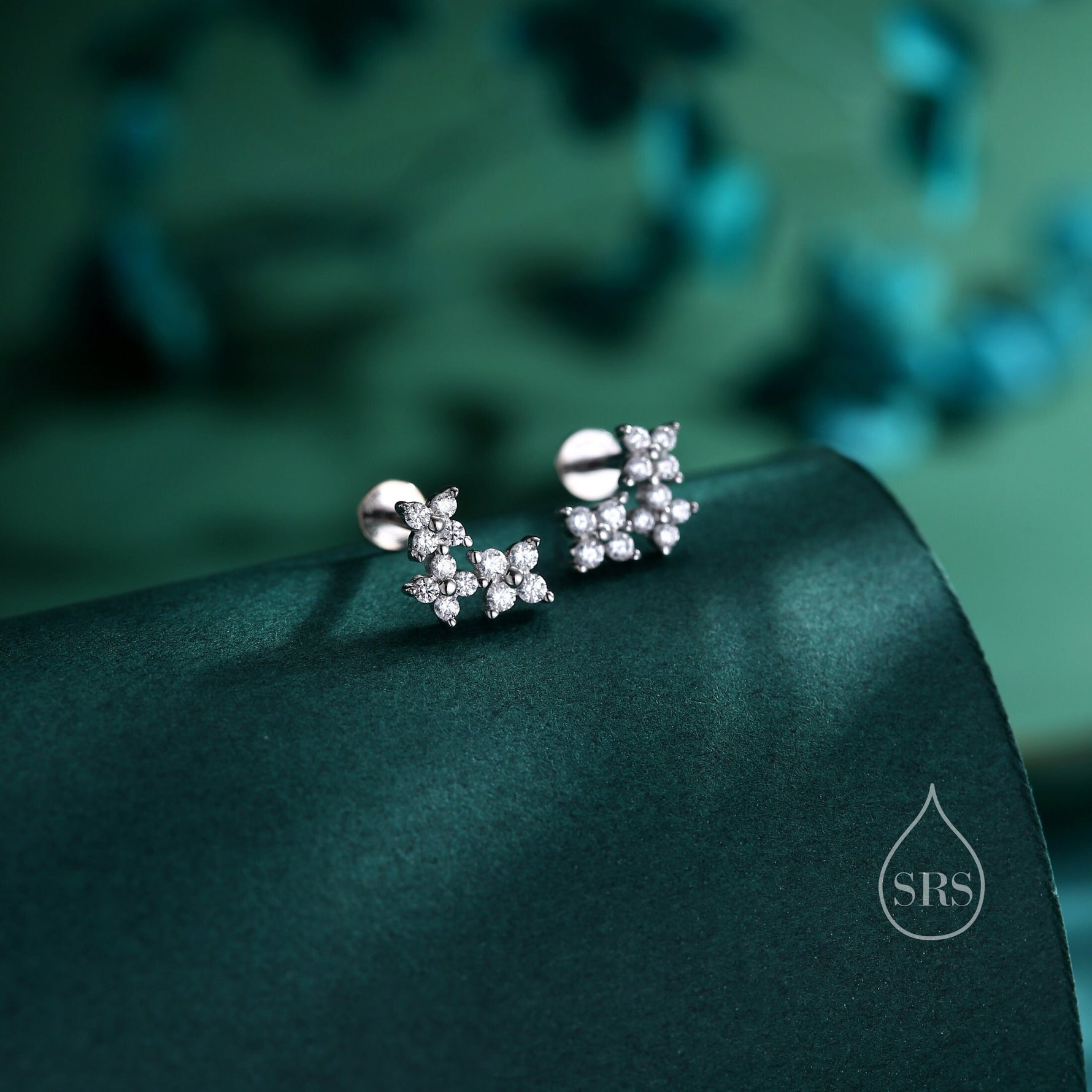 CZ Hydrangea Bouquet 16G Internally Threaded Flat Back Earrings in Sterling Silver