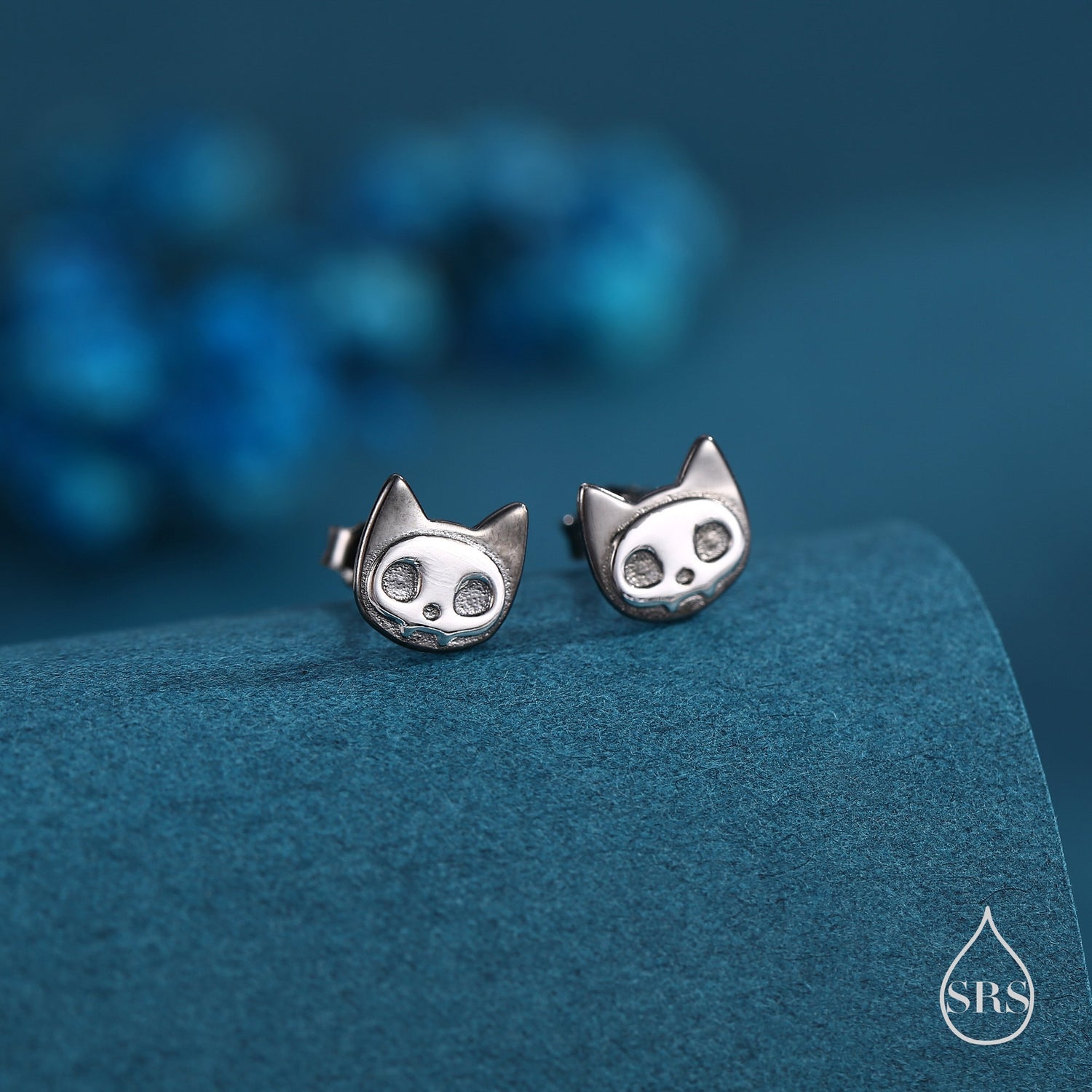 Cute Cat Skull Stud Earrings in Sterling Silver, Black Rhodium Partial Coated, Black Cat Stud Earrings in Sterling Silver