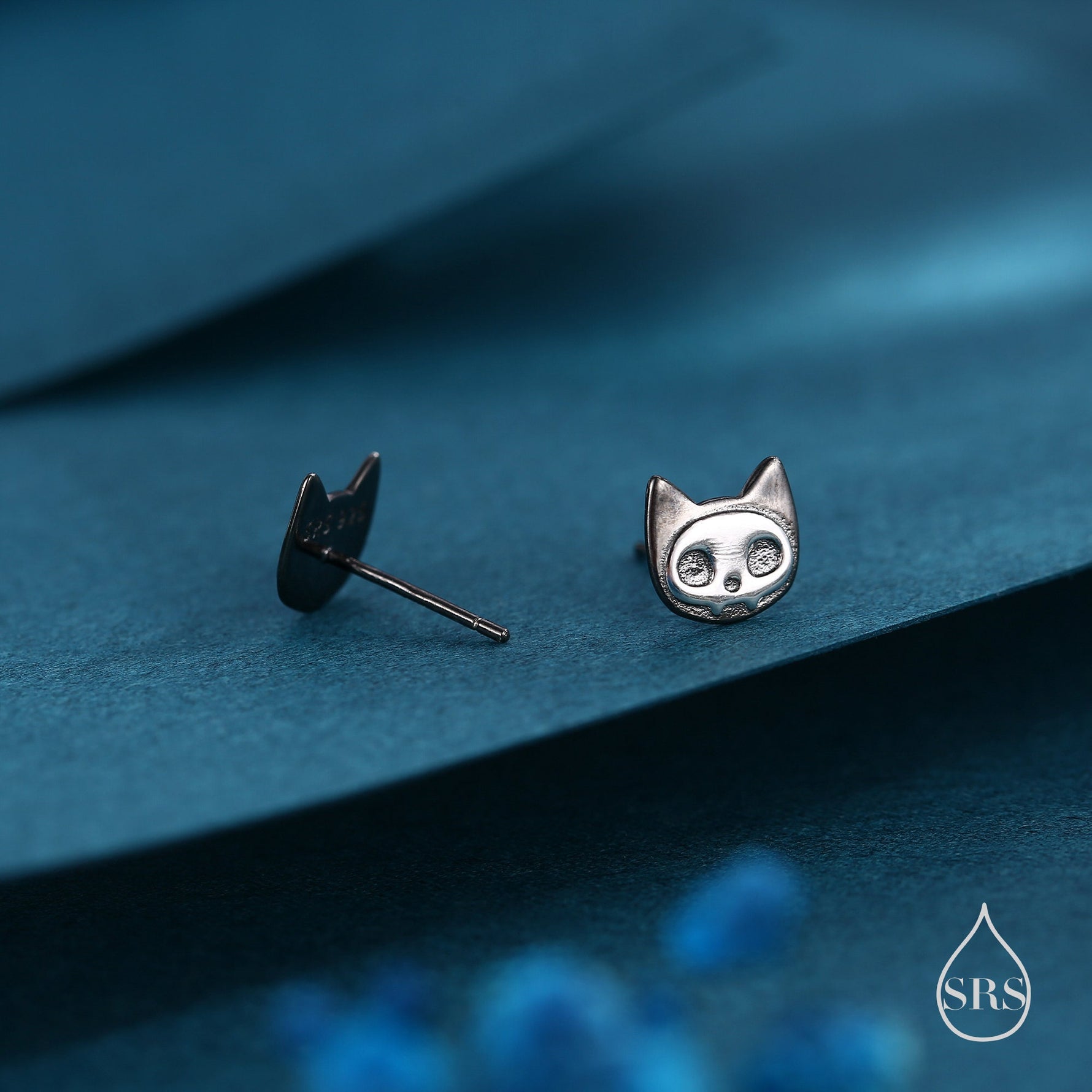 Cute Cat Skull Stud Earrings in Sterling Silver, Black Rhodium Partial Coated, Black Cat Stud Earrings in Sterling Silver