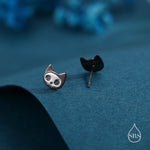 Cute Cat Skull Stud Earrings in Sterling Silver, Black Rhodium Partial Coated, Black Cat Stud Earrings in Sterling Silver