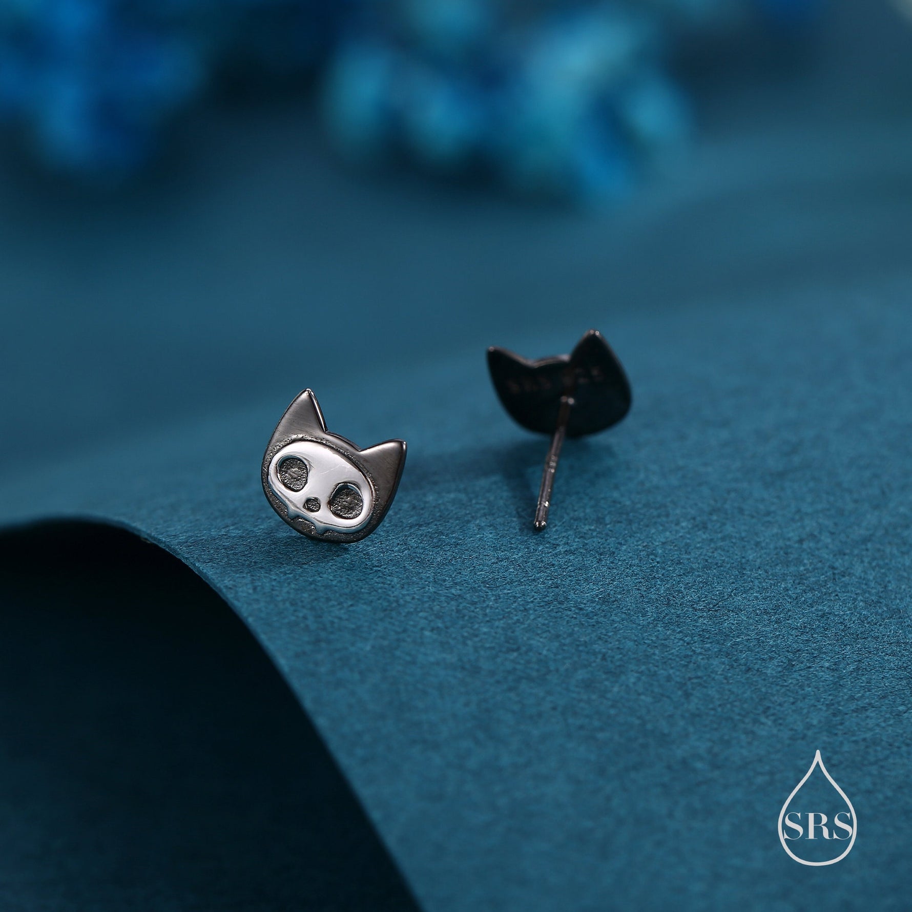 Cute Cat Skull Stud Earrings in Sterling Silver, Black Rhodium Partial Coated, Black Cat Stud Earrings in Sterling Silver