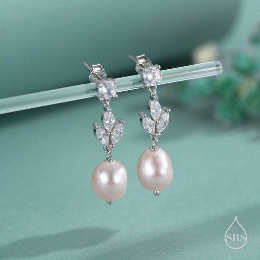 Genuine Freshwater Pearl and CZ Drop Earrings in Sterling Silver, Silver or Gold or Rose Gold, Delicate Keshi Pearl Earrings, Genuine Pearl