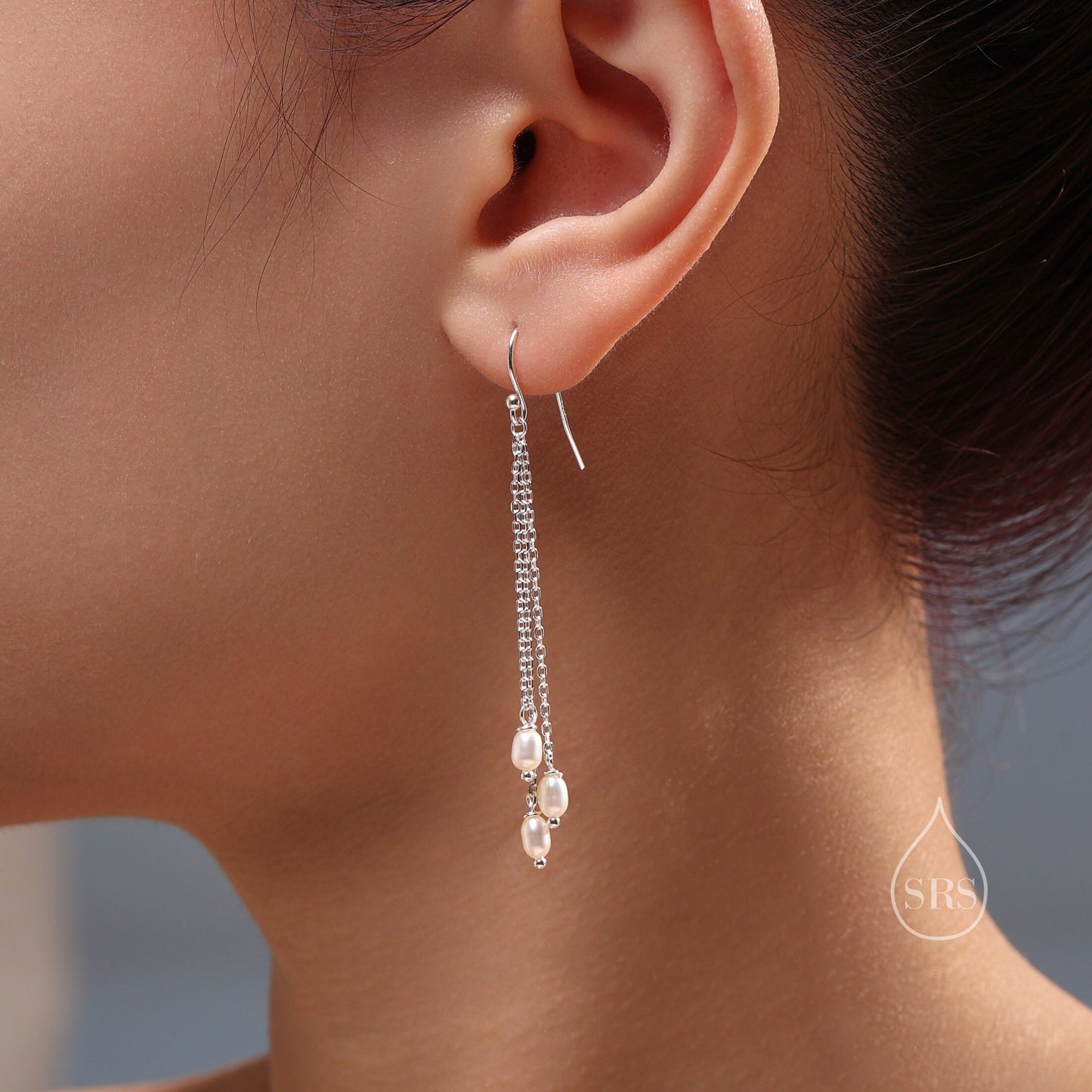 Genuine Freshwater Pearl Drop Earrings in Sterling Silver, Delicate Oval Pearl Cascade Dangle Earrings, Pearl Dangle Earring, Silver or Gold