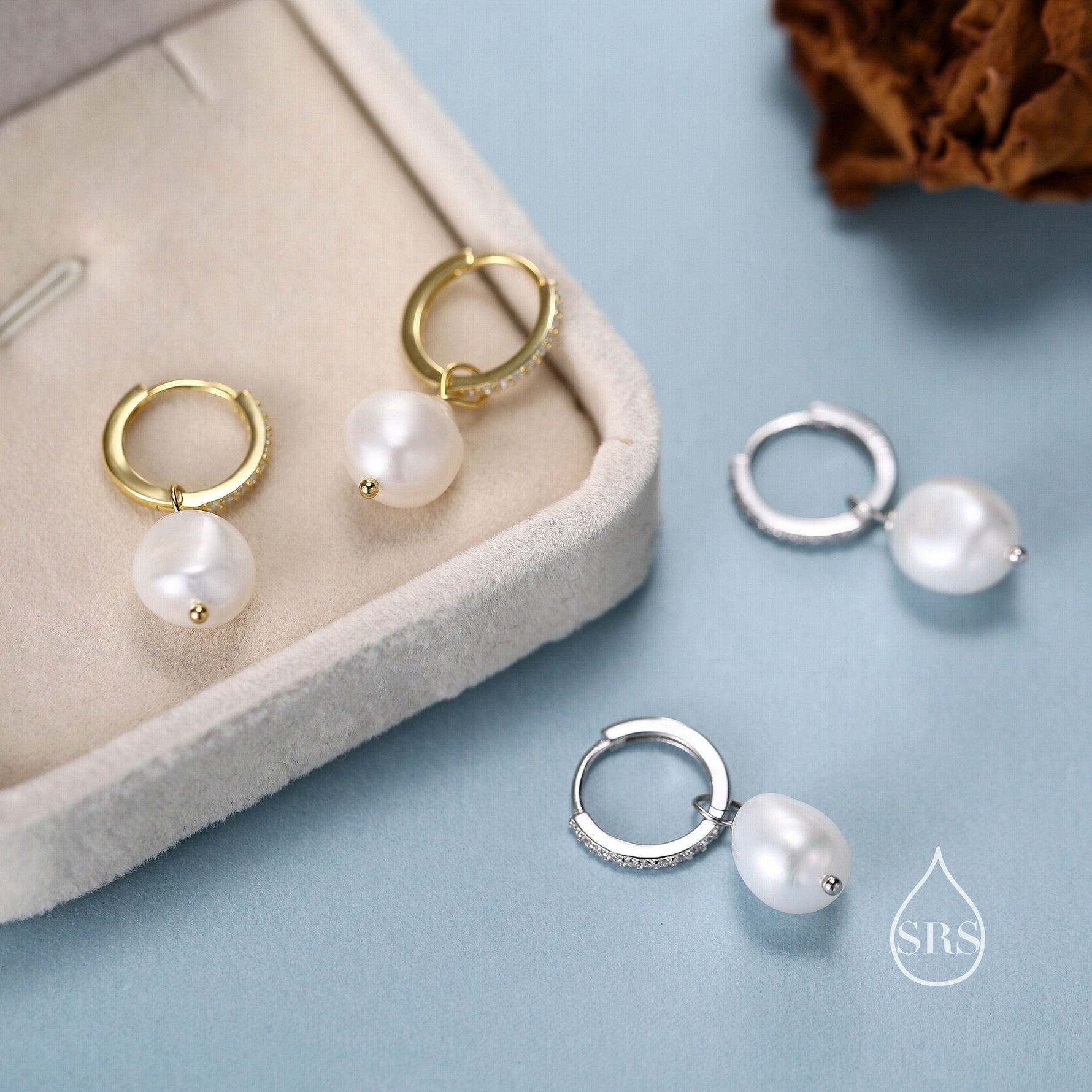 Pearl CZ Crystal Huggie Hoop Earrings in Sterling Silver, Detachable Pearl Charms, Silver or Gold, Genuine Freshwater Baroque Pearls