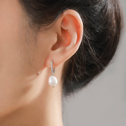 CZ Crystal Huggie Hoop Earrings in Sterling Silver with Detachable Pearl Charms, Genuine Freshwater Baroque Pearls, Real Pearls