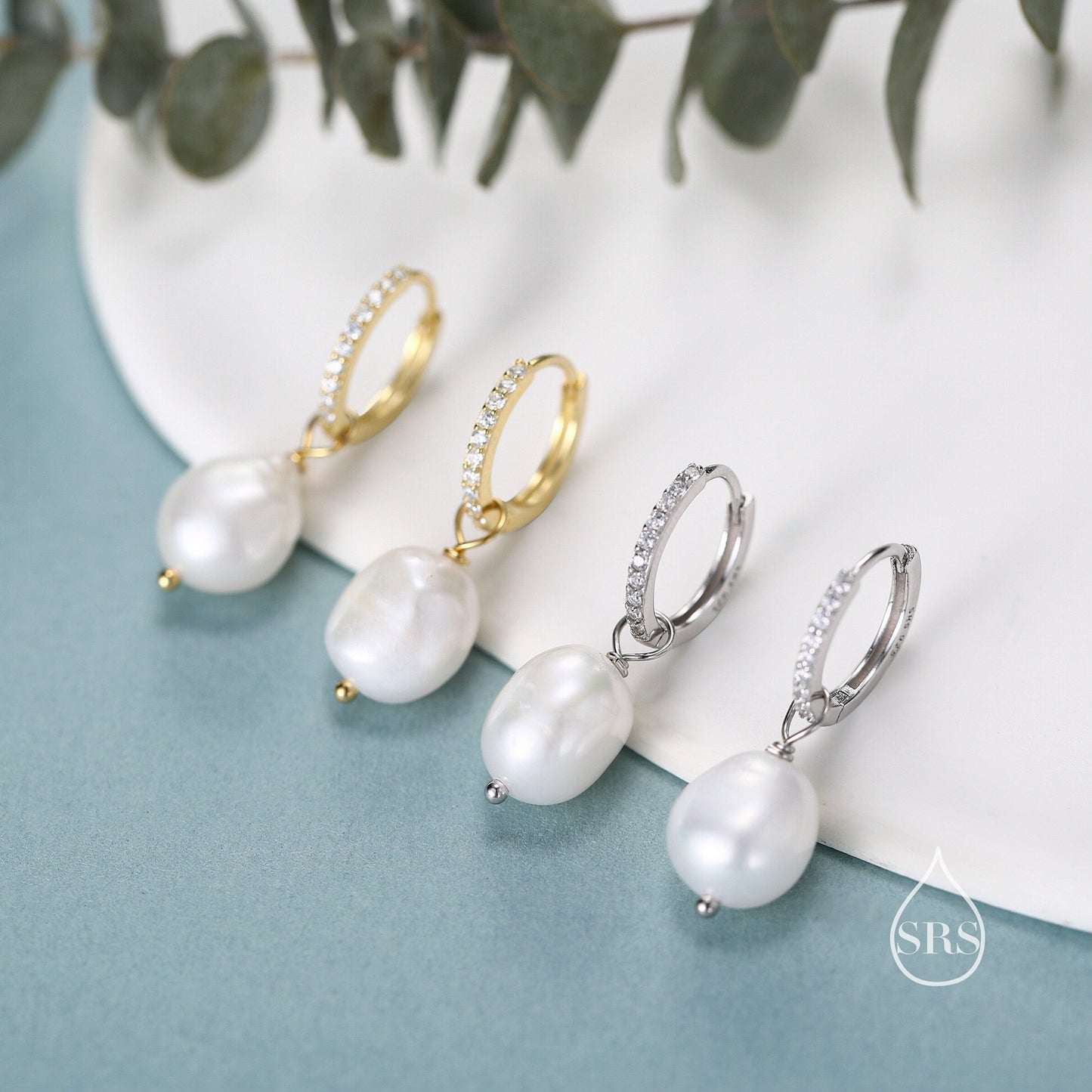 CZ Crystal Huggie Hoop Earrings in Sterling Silver with Detachable Pearl Charms, Genuine Freshwater Baroque Pearls, Real Pearls