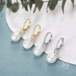 CZ Crystal Huggie Hoop Earrings in Sterling Silver with Detachable Pearl Charms, Genuine Freshwater Baroque Pearls, Real Pearls