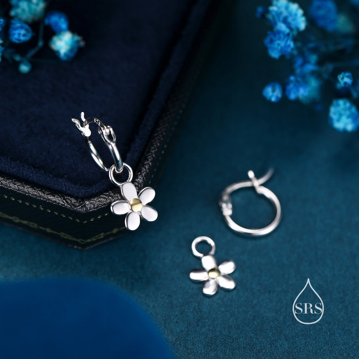 Daisy Dangle Drop Huggie Hoop in Sterling Silver, Partial Gold, Flower hoop Earrings, Forget Me Not Floral Earrings, 8mm Inner Diameter