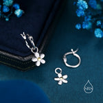 Daisy Dangle Drop Huggie Hoop in Sterling Silver, Partial Gold, Flower hoop Earrings, Forget Me Not Floral Earrings, 8mm Inner Diameter