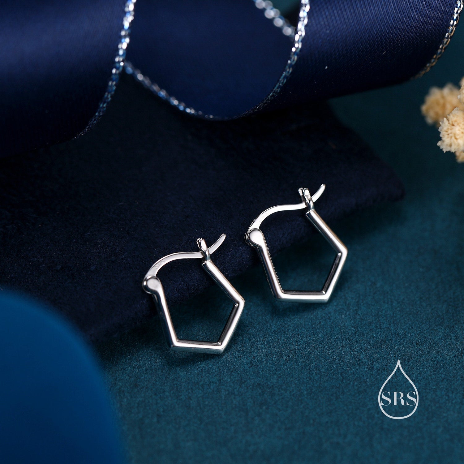Pentagon Shape Huggie Hoop Earrings in Sterling Silver, Silver or Gold, Geometric Hexaogon, Polygon Shape Hoop Earrings.