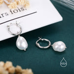Pair of Plain Huggie Hoop Earrings in Sterling Silver with Detachable Baroque Pearl Charms, Two Sizes Available, Simple Hoop Earrings