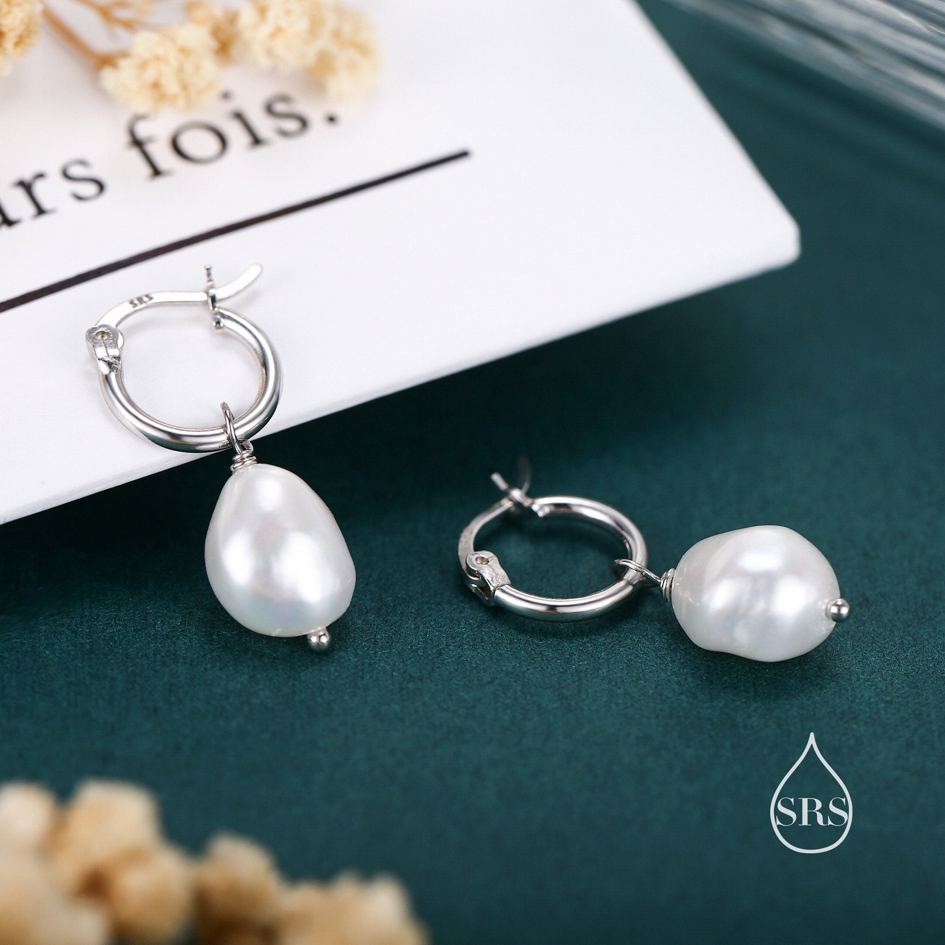 Pair of Plain Huggie Hoop Earrings in Sterling Silver with Detachable Baroque Pearl Charms, Two Sizes Available, Simple Hoop Earrings