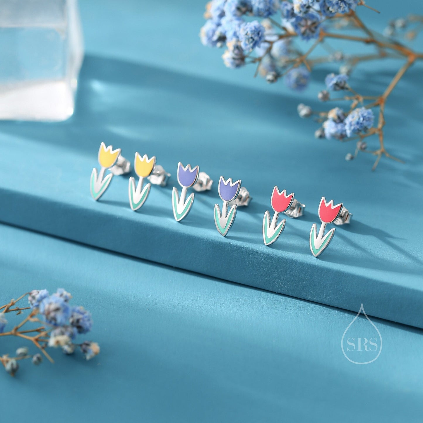 Enamel Tulip Flower Stud Earrings in Sterling Silver, Available in Three Colours, Flower Earrings, Tulip Earrings