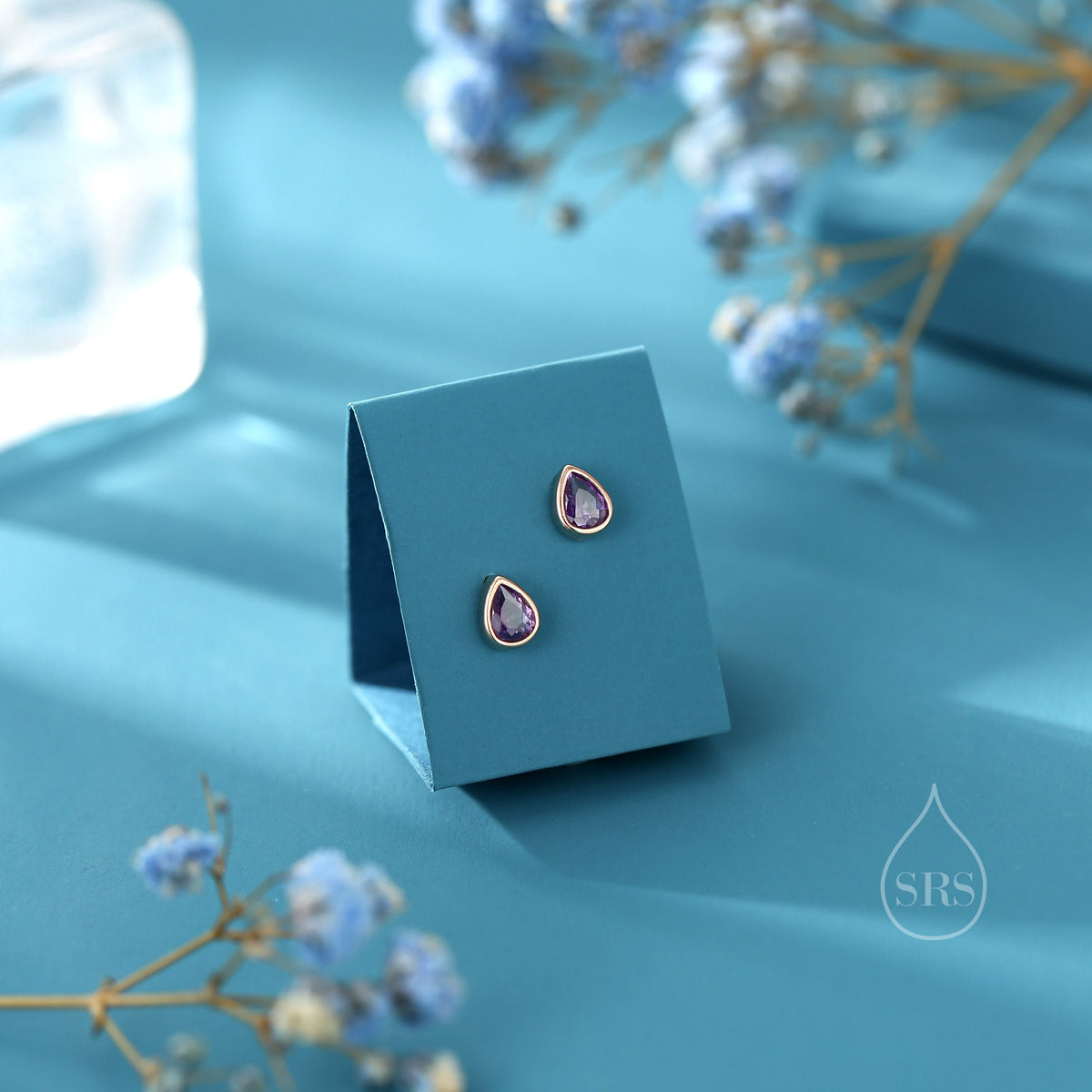 Purple CZ Droplet 16G Internally Threaded Flat Back Earrings in Sterling Silver
