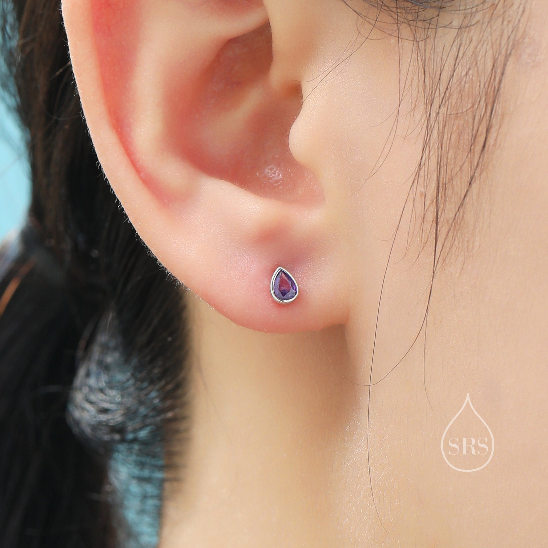 Purple CZ Droplet 16G Internally Threaded Flat Back Earrings in Sterling Silver