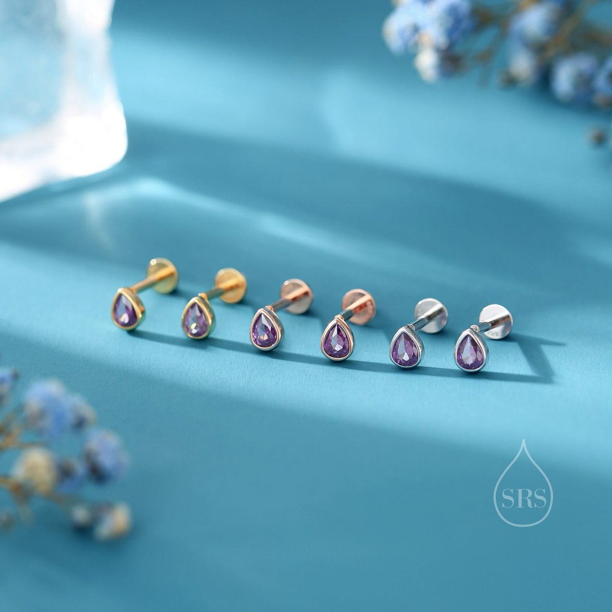 Purple CZ Droplet 16G Internally Threaded Flat Back Earrings in Sterling Silver