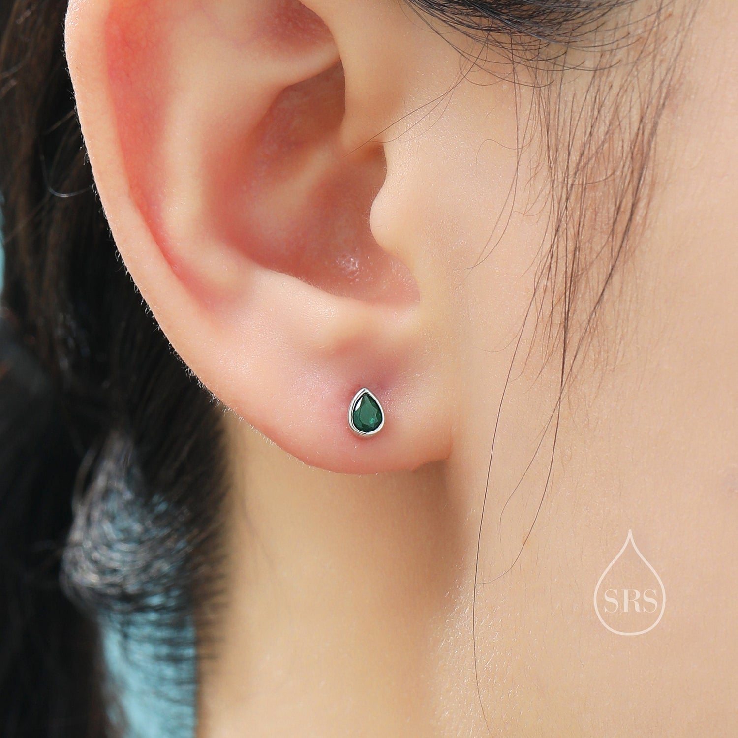 Emerald Green CZ Droplet 16G Internally Threaded Flat Back Earrings in Sterling Silver