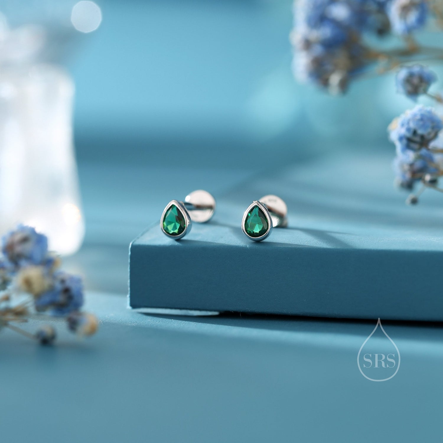 Emerald Green CZ Droplet 16G Internally Threaded Flat Back Earrings in Sterling Silver