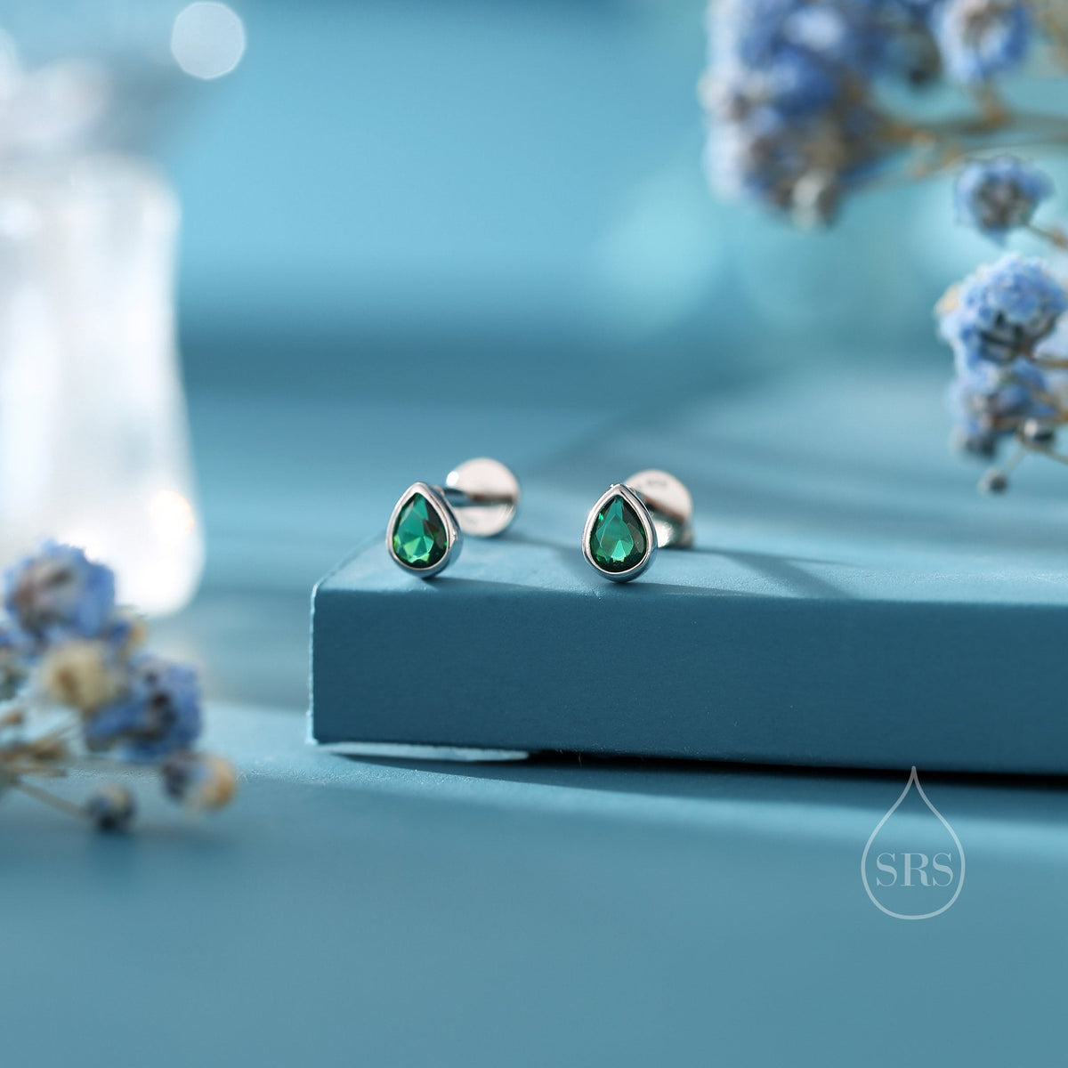 Emerald Green CZ Droplet Internally Threaded Flat Back/ Screw Back / Stud Earrings in Sterling Silver, Silver or Gold or Rose Gold,
