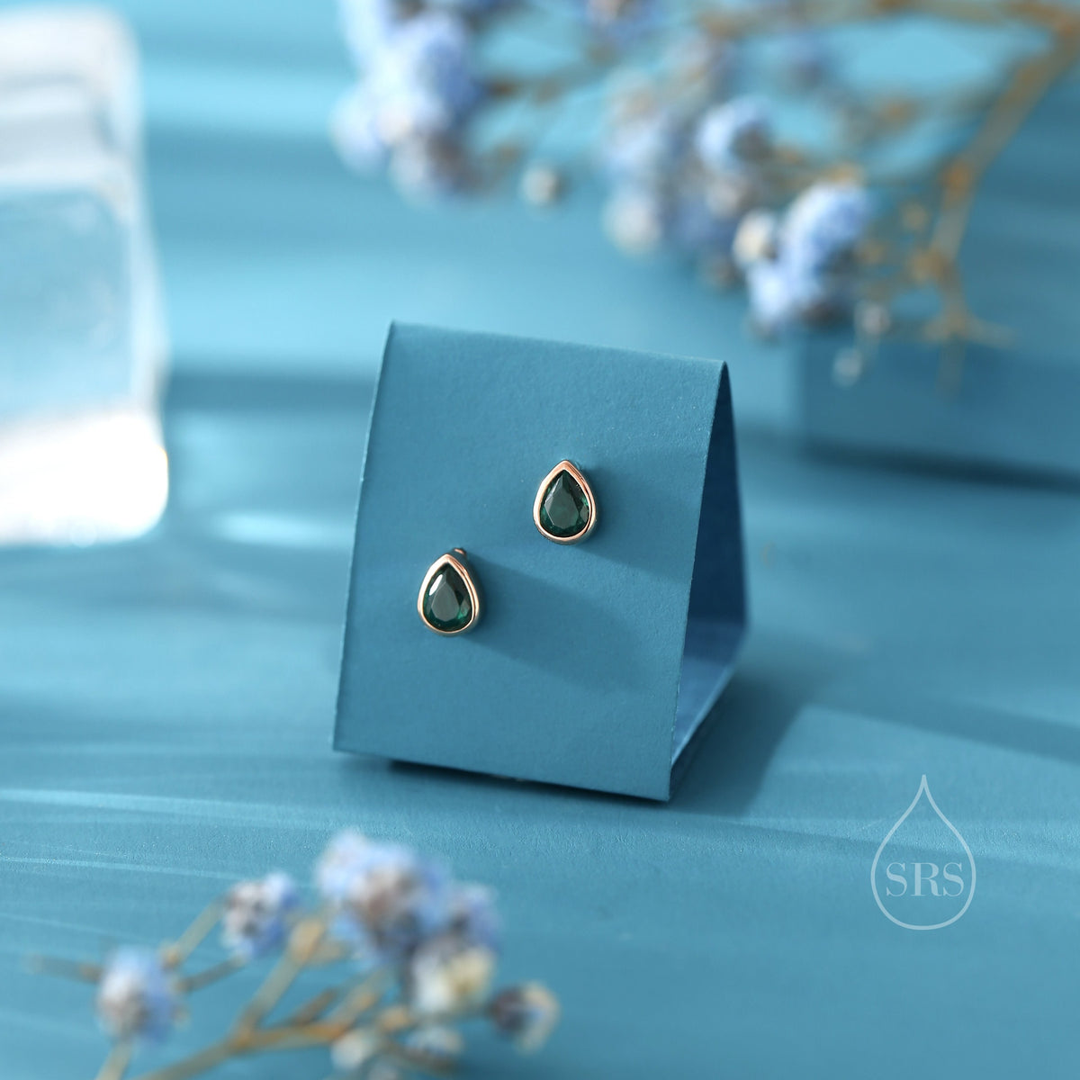 Emerald Green CZ Droplet Internally Threaded Flat Back/ Screw Back / Stud Earrings in Sterling Silver, Silver or Gold or Rose Gold,