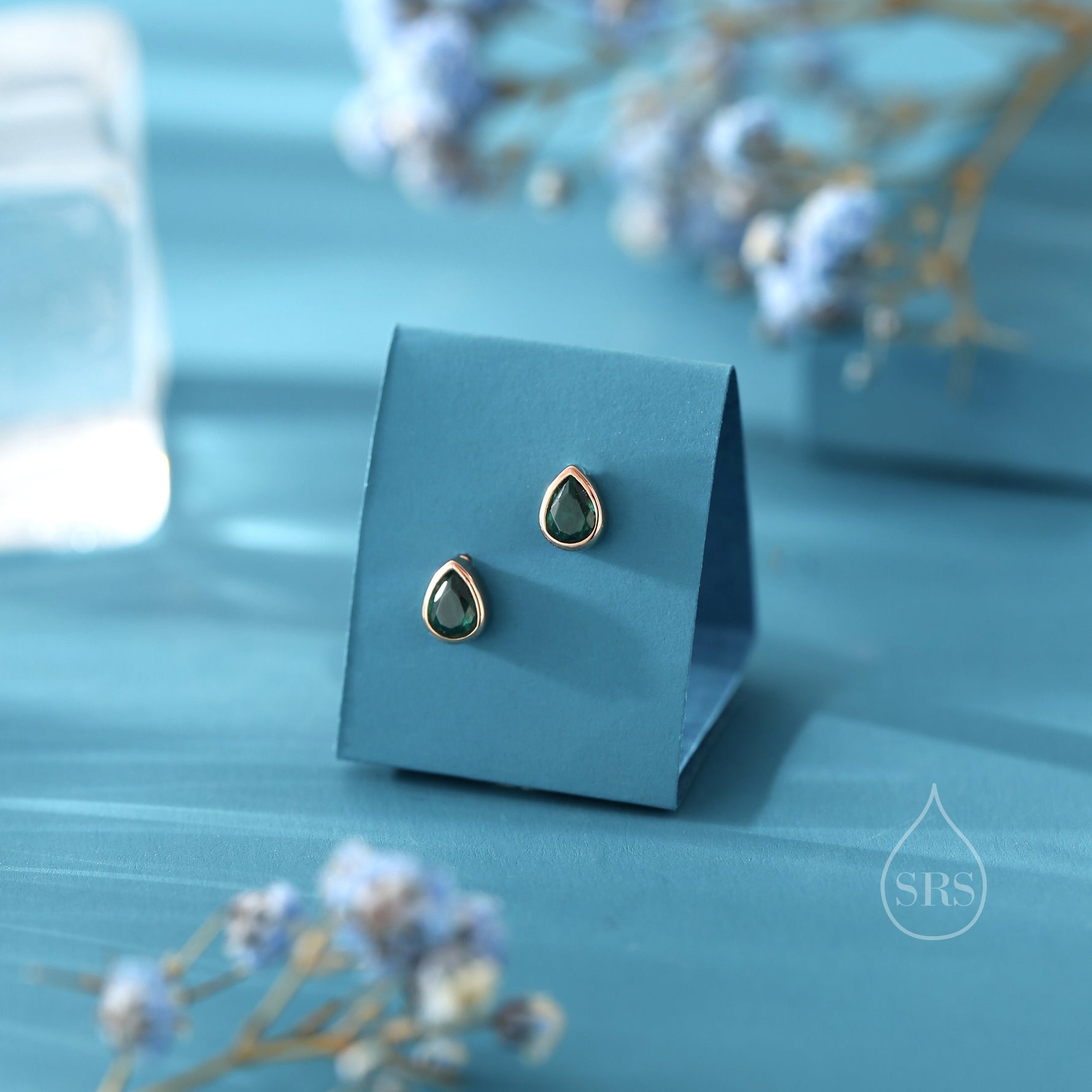 Emerald Green CZ Droplet Internally Threaded Flat Back/ Screw Back / Stud Earrings in Sterling Silver, Silver or Gold or Rose Gold,