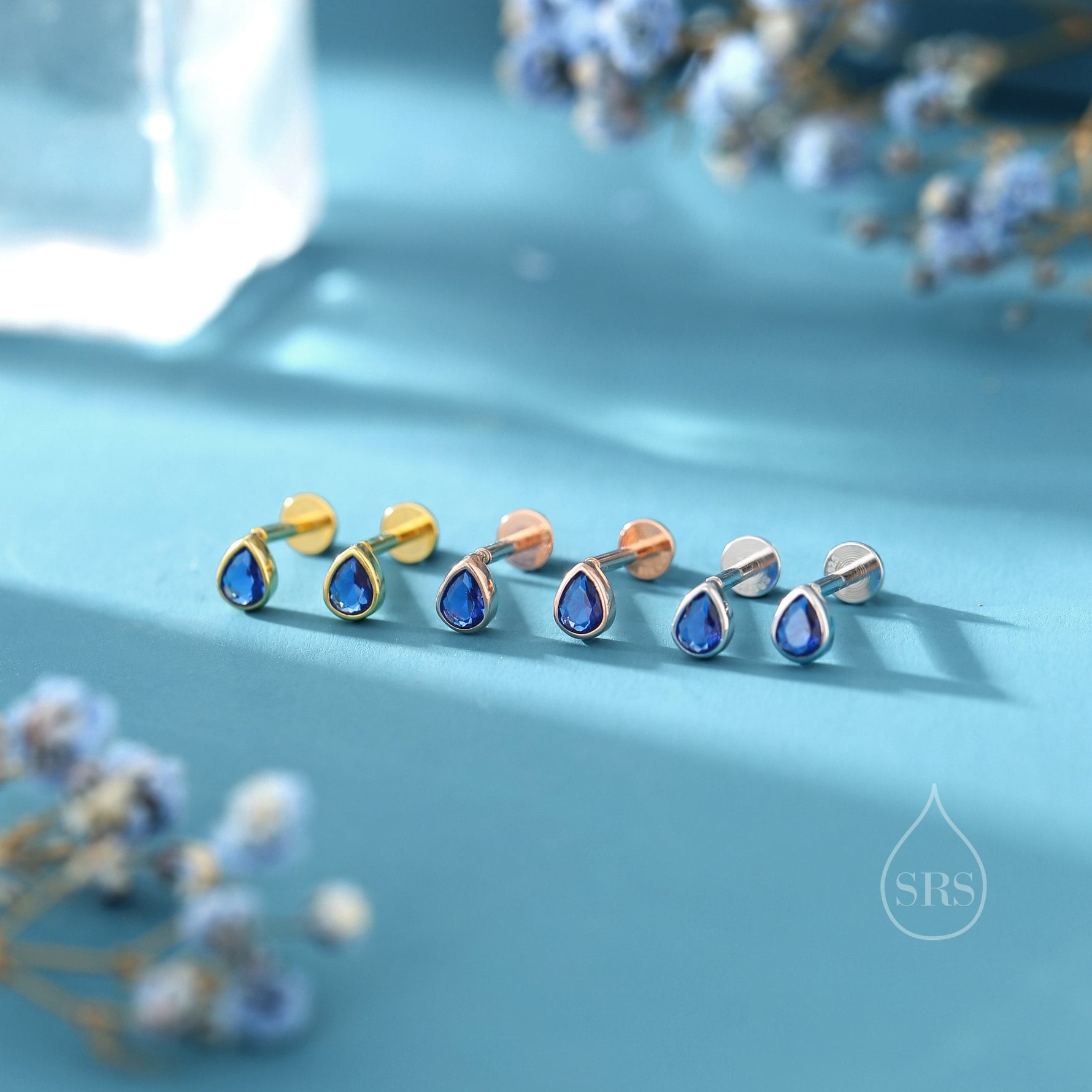 Sapphire Blue CZ Droplet 16G Internally Threaded Flat Back Earrings in Sterling Silver