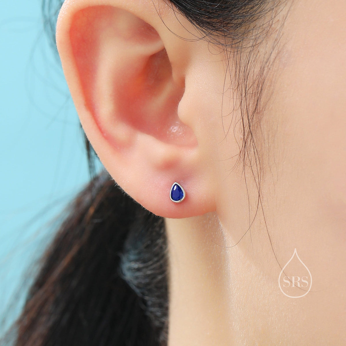 Sapphire Blue CZ Droplet 16G Internally Threaded Flat Back Earrings in Sterling Silver