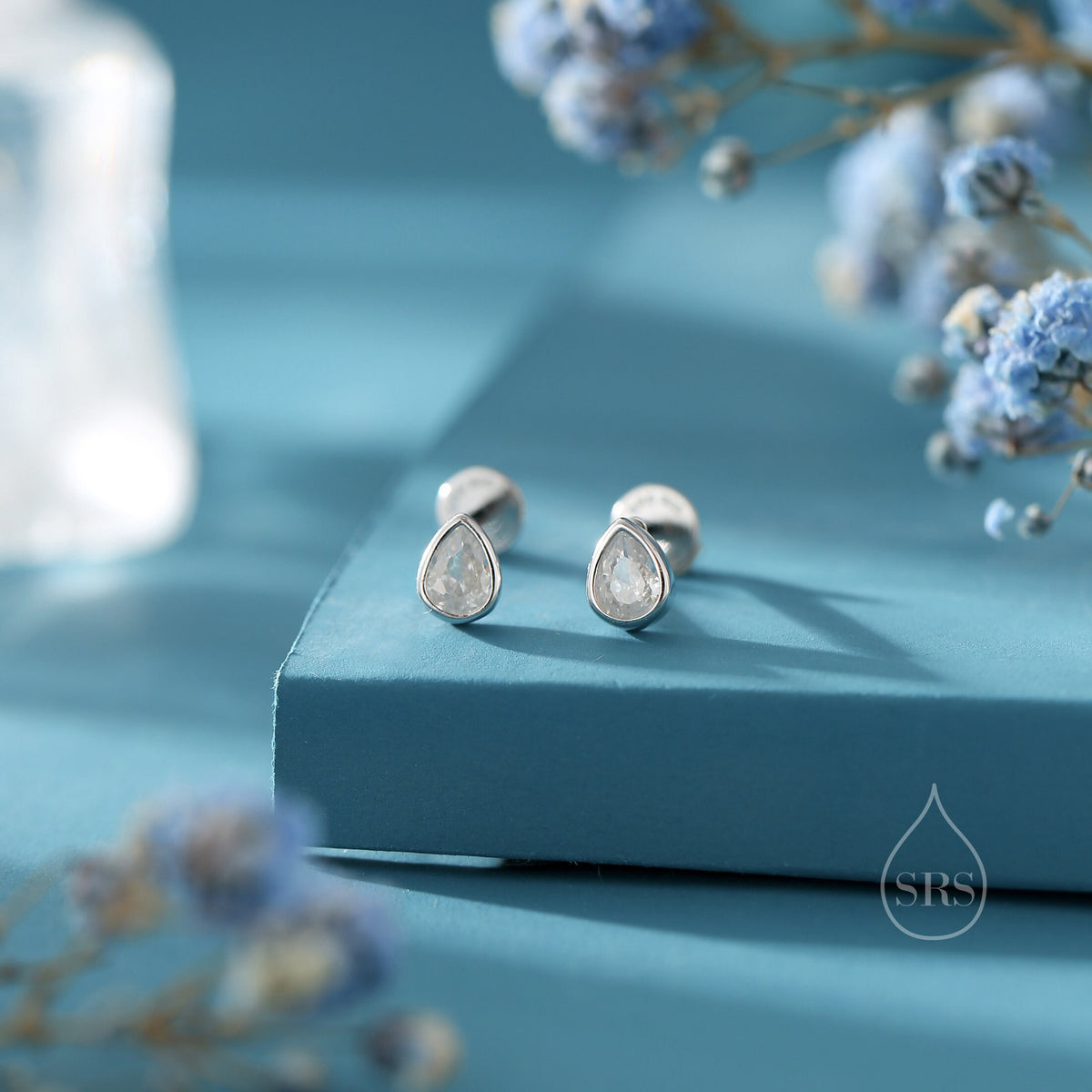Tiny CZ Droplet 16G Internally Threaded Flat Back Earrings in Sterling Silver