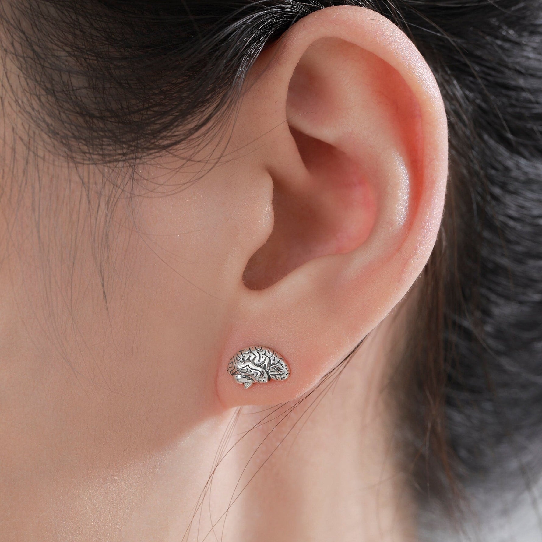 Mismatched Anatomical Brain and Neurone Stud Earrings in Sterling Silver, Silver or Gold, Asymmetric Science Earrings, Biology Jewellery