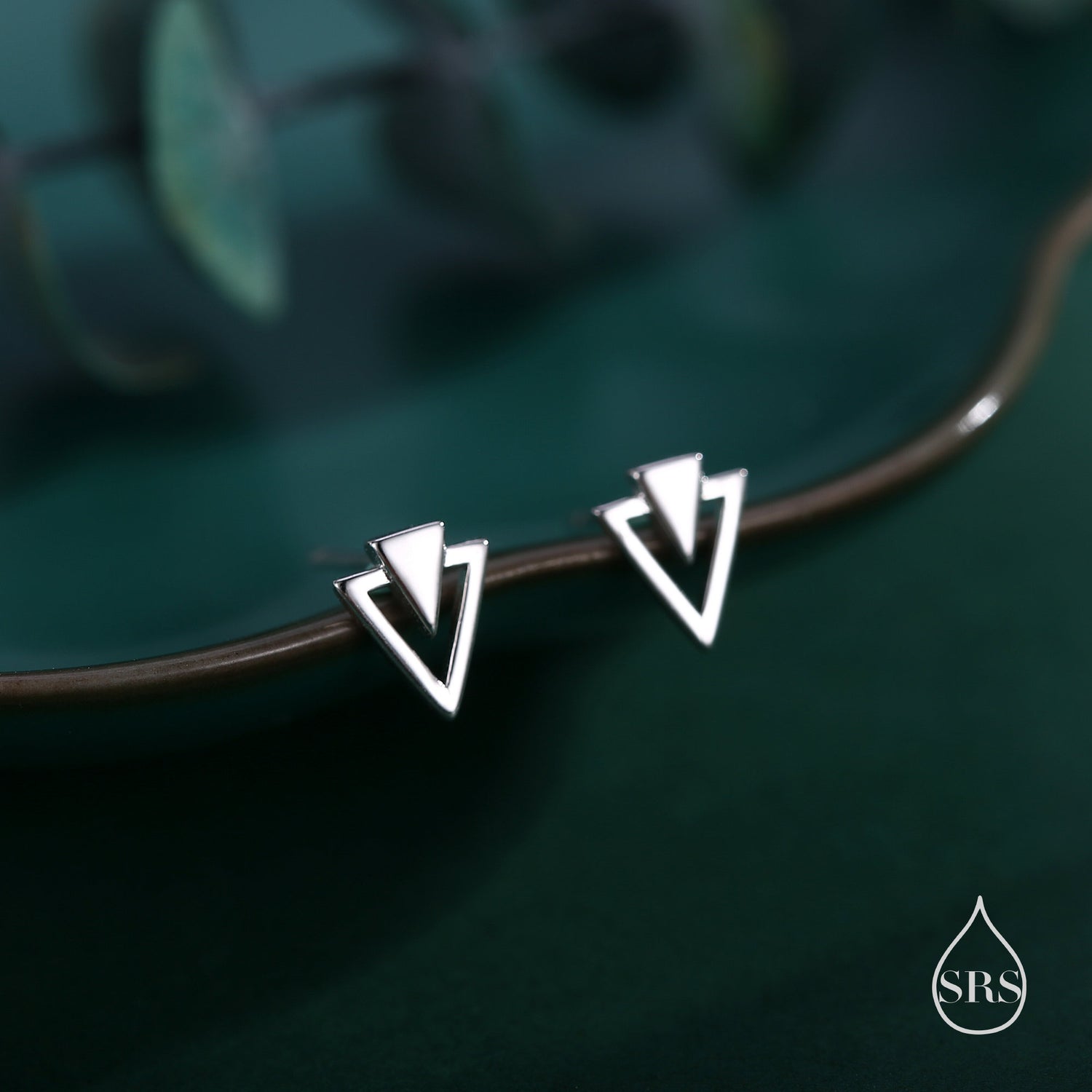 Art Deco Style Tiny Double Triangle Stud Earrings in Sterling Silver, Silver or Gold or Rose Gold, Cut Out Triangle Jacket Earrings