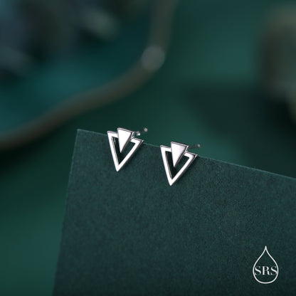 Art Deco Style Tiny Double Triangle Stud Earrings in Sterling Silver,  Silver or Gold or Rose Gold, Cut Out Triangle Jacket Earrings