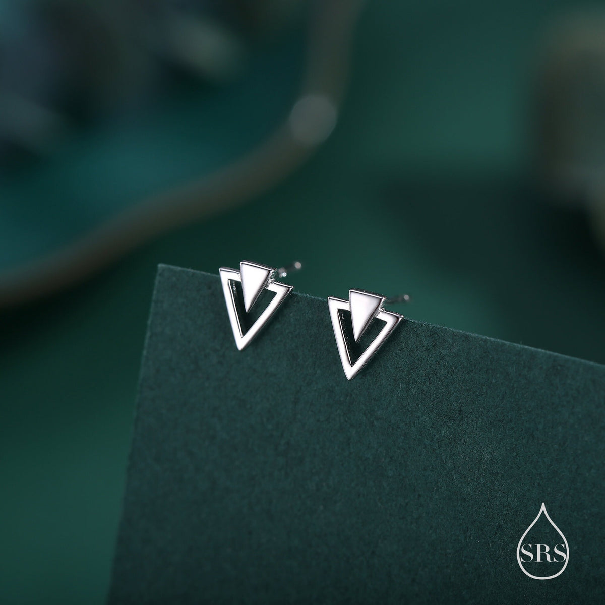 Art Deco Style Tiny Double Triangle Stud Earrings in Sterling Silver, Silver or Gold or Rose Gold, Cut Out Triangle Jacket Earrings