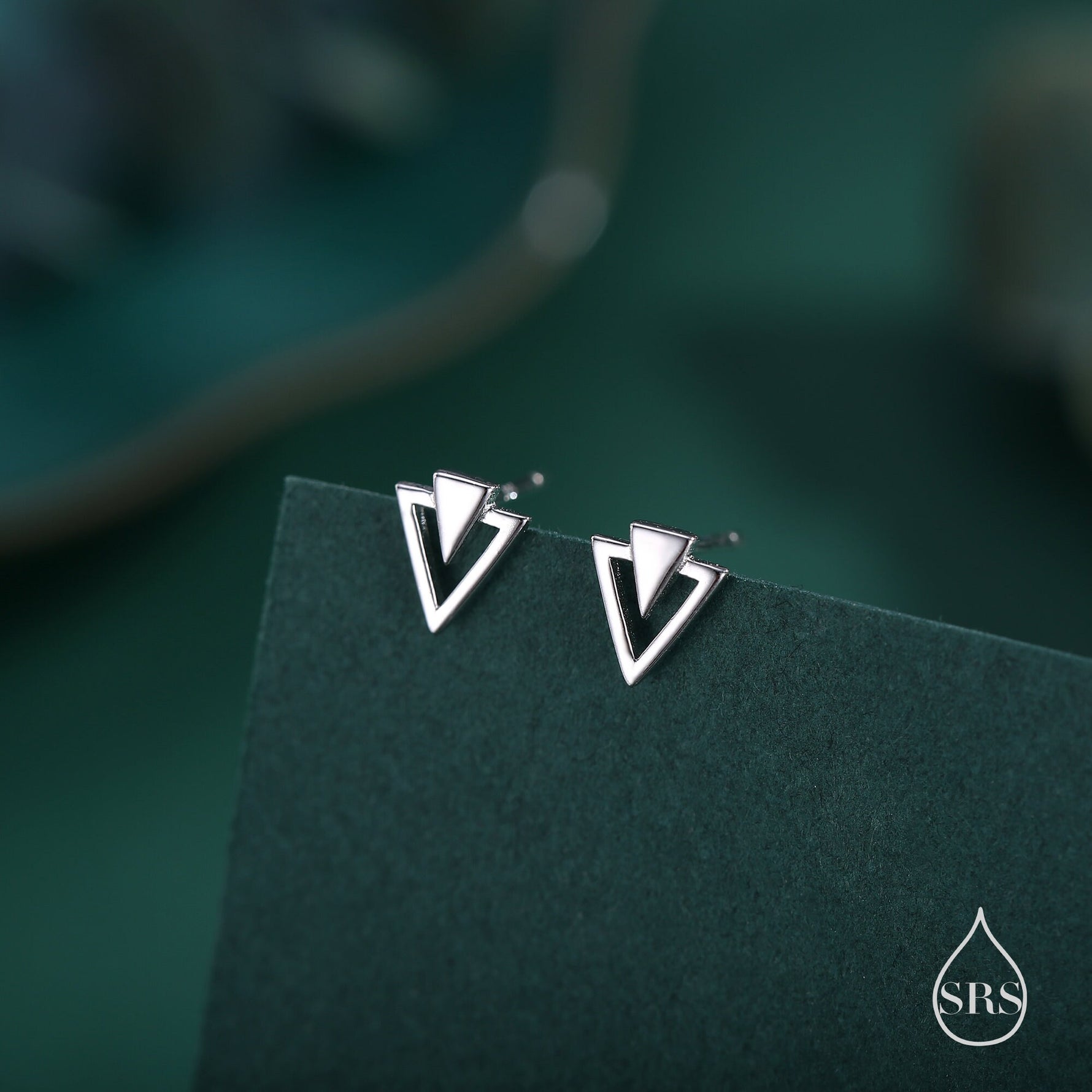 Art Deco Style Tiny Double Triangle Stud Earrings in Sterling Silver, Silver or Gold or Rose Gold, Cut Out Triangle Jacket Earrings